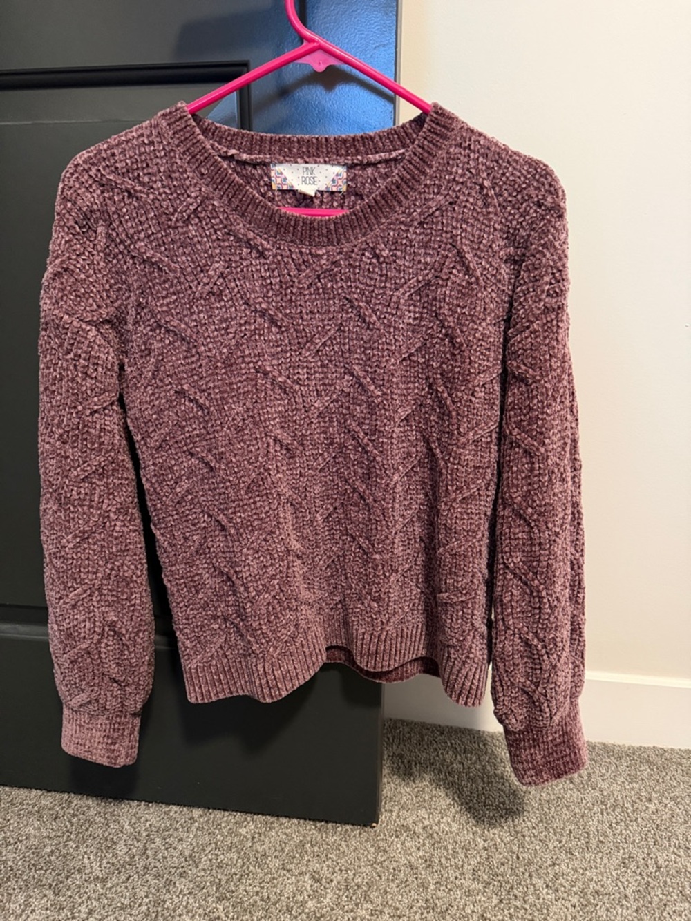 Pink Rose Cable Chenille Crewneck Sweater in Mauve